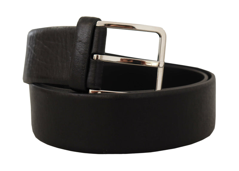 Black Plain Calf Leather Logo Metal Buckle Belt