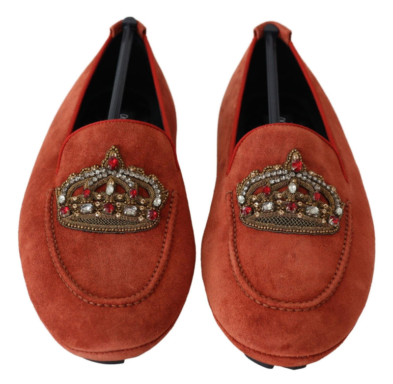 Orange Leather Crystal Crown  Loafers Shoes