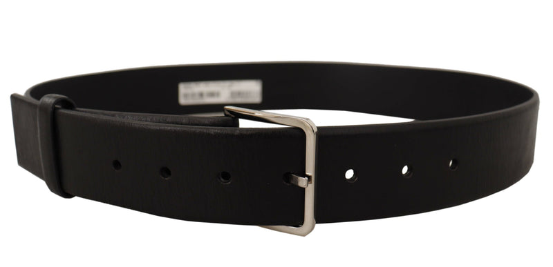 Black Plain Calf Leather Logo Metal Buckle Belt