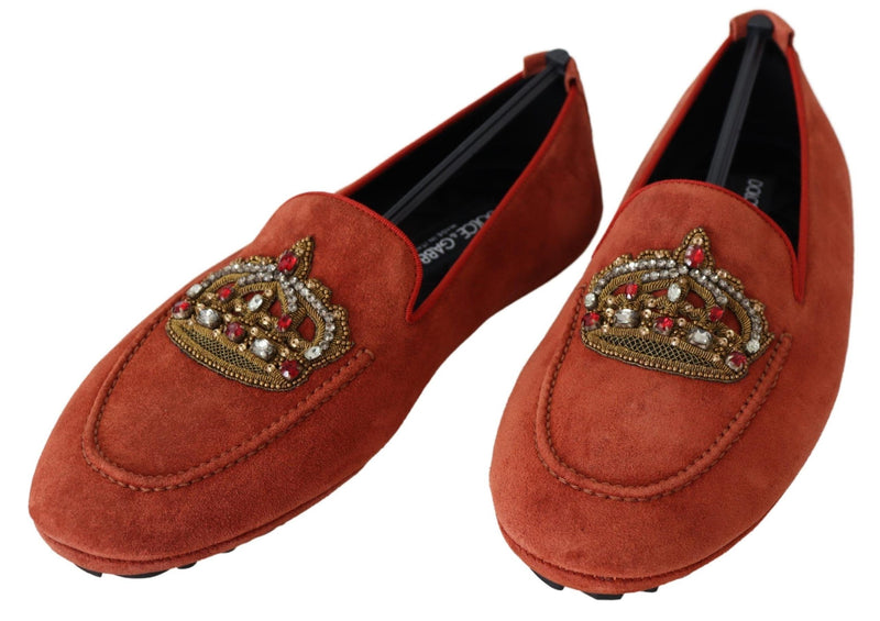 Orange Leather Crystal Crown  Loafers Shoes