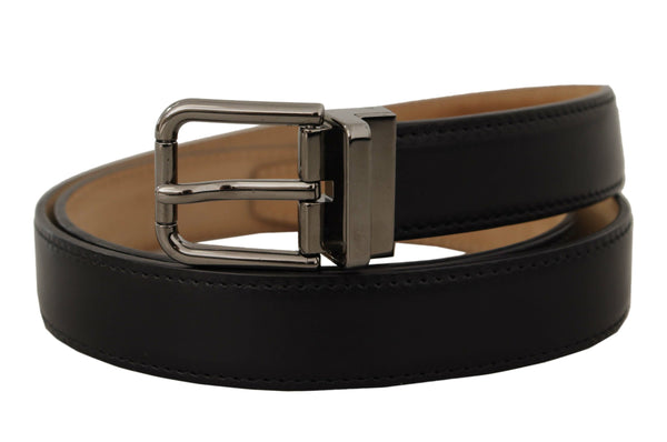 Black Calf Leather Logo Engraved Metal Buckle Belt