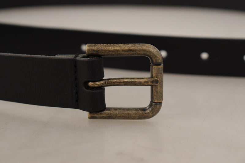 Black Calf Leather Logo Brass Metal Buckle Belt