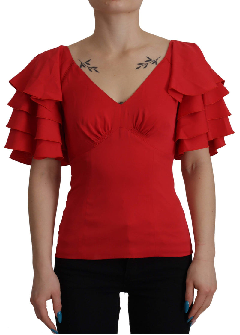 Red V-Neck Sleeve Zipper Back Blouse Ruffle Top