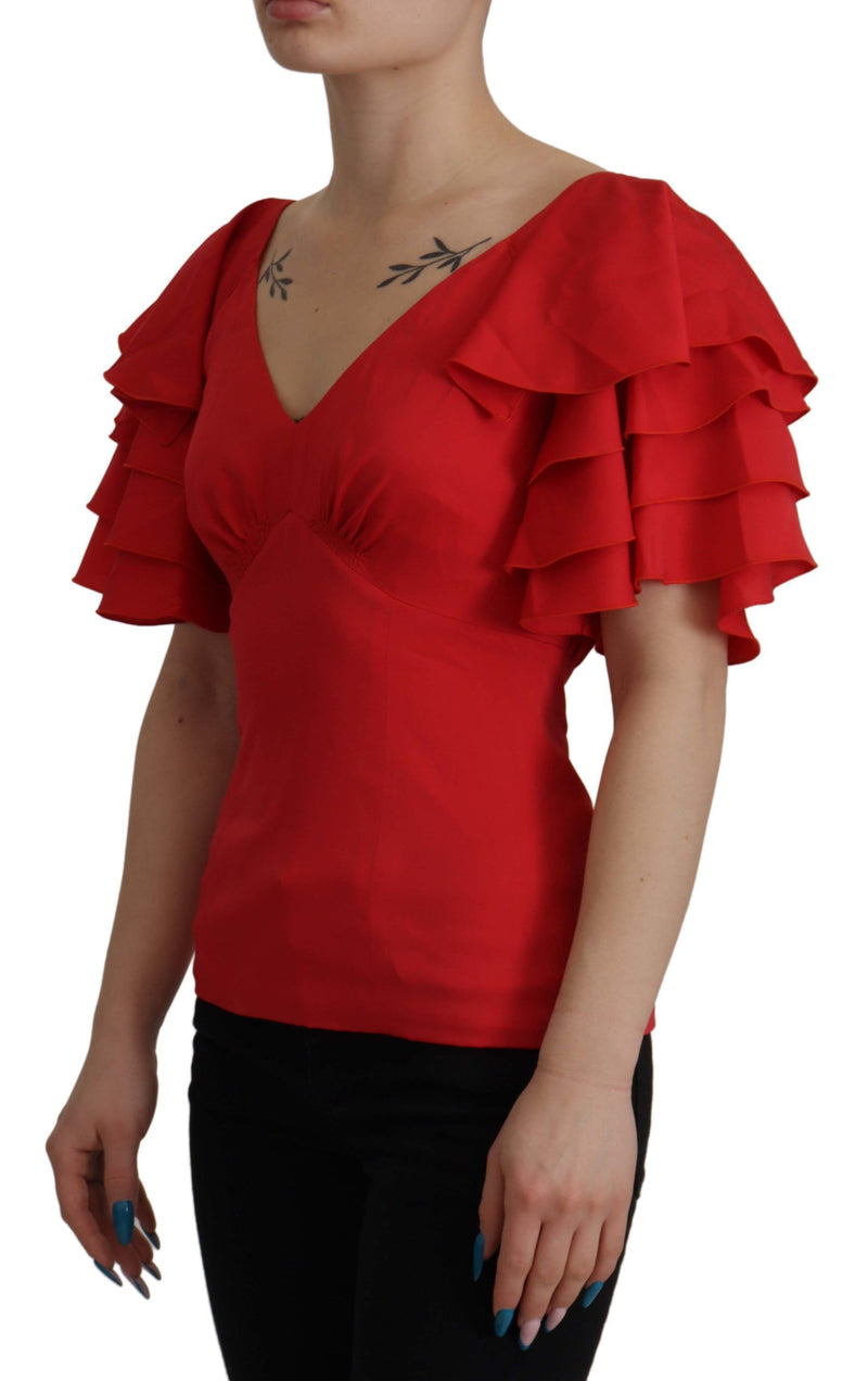 Red V-Neck Sleeve Zipper Back Blouse Ruffle Top