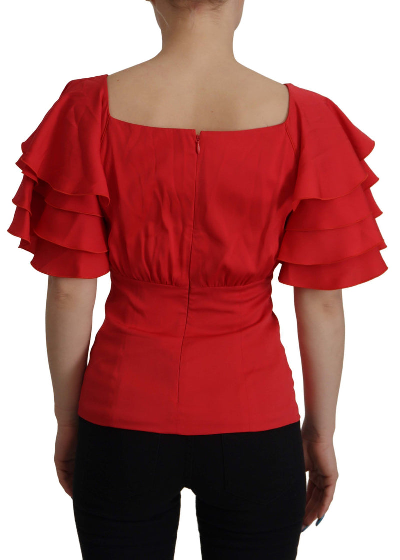 Red V-Neck Sleeve Zipper Back Blouse Ruffle Top