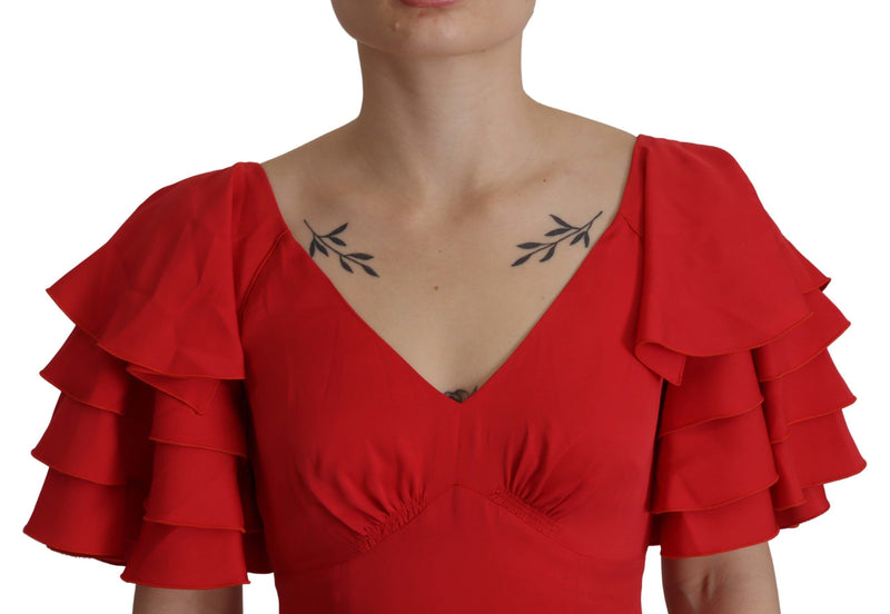 Red V-Neck Sleeve Zipper Back Blouse Ruffle Top