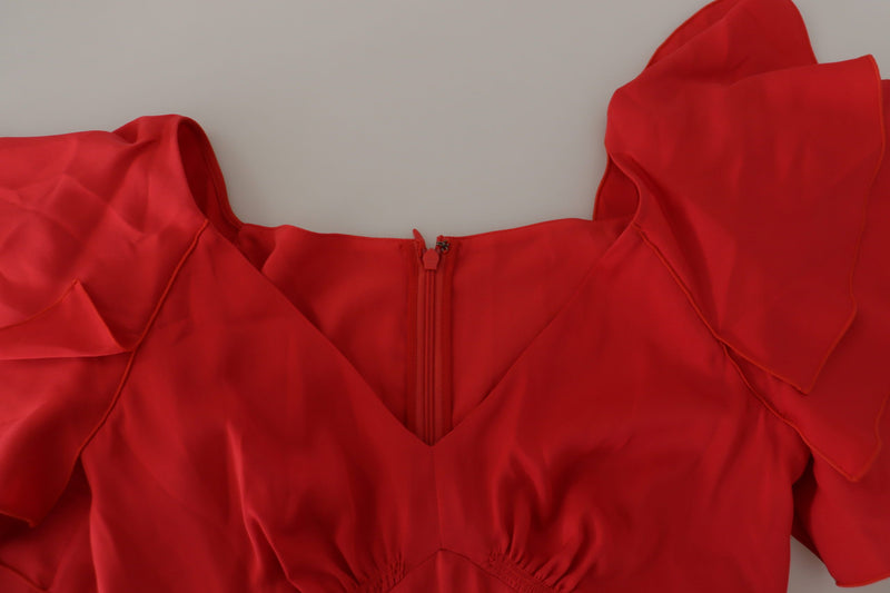 Red V-Neck Sleeve Zipper Back Blouse Ruffle Top