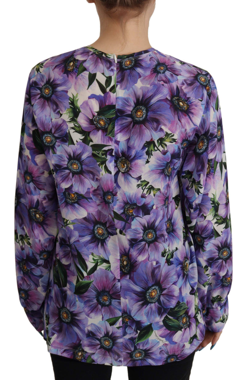 Purple Floral Silk Long Sleeve Top Blouse