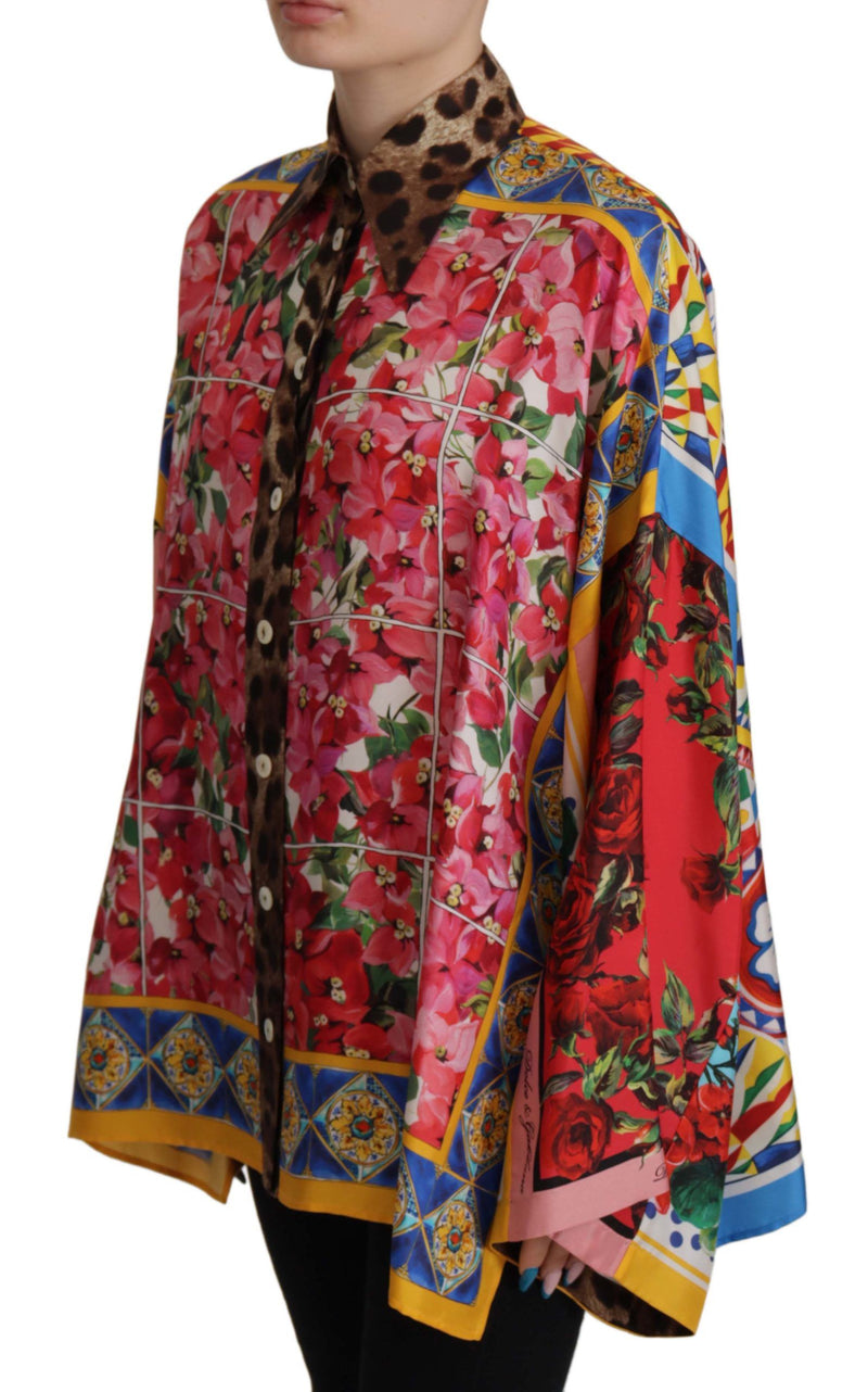 Multicolor Majolica Floral Silk Shirt Blouse