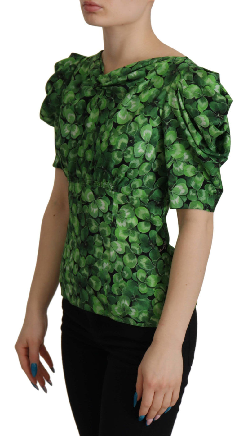 Green Clover Print Puff Sleeves Top Blouse