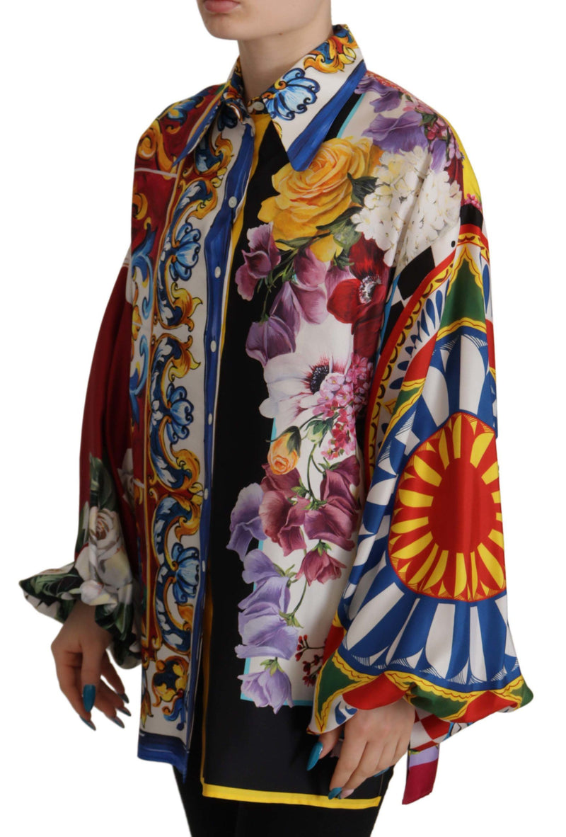 Multicolor Majolica Floral Silk Shirt Blouse