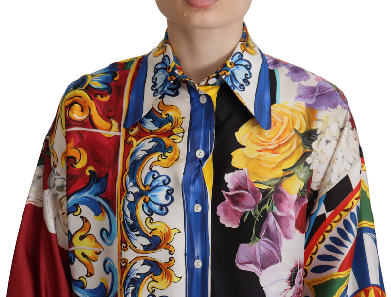 Multicolor Majolica Floral Silk Shirt Blouse