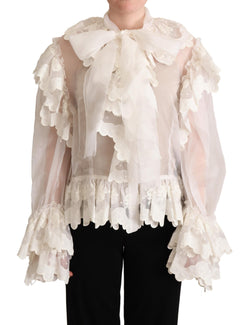 White Ascot Collar Silk Blouse Ruffled Top