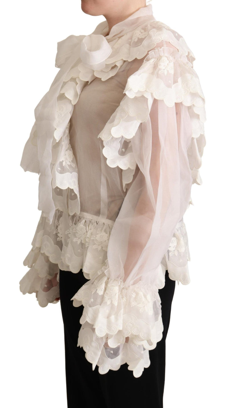 White Ascot Collar Silk Blouse Ruffled Top