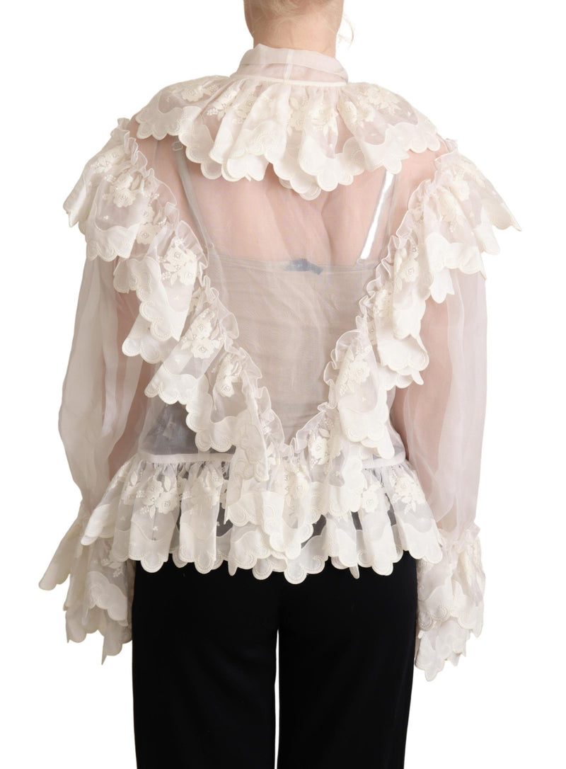 White Ascot Collar Silk Blouse Ruffled Top