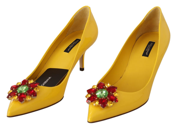 Yellow Patent Leather Crystal Heels Pump Shoes