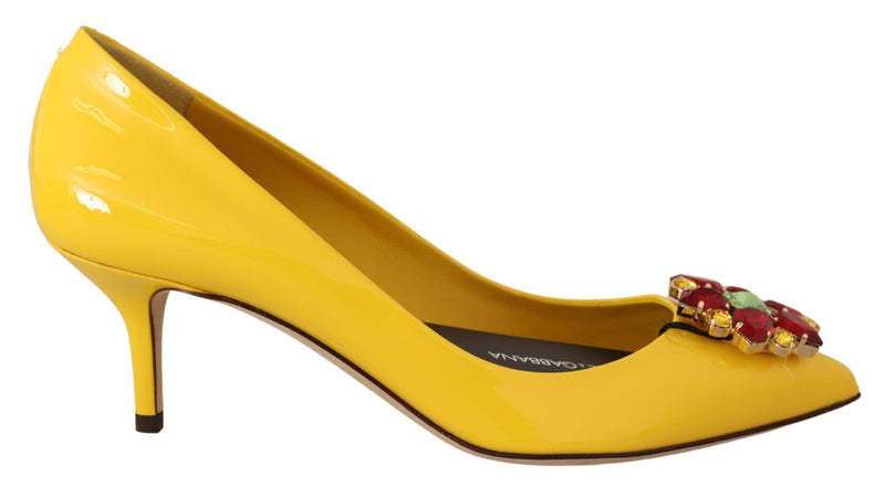 Yellow Patent Leather Crystal Heels Pump Shoes