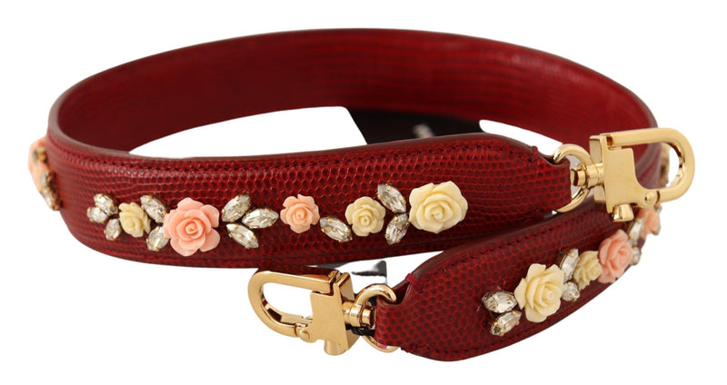 Red Floral Crystals Exotic Leather Bag Shoulder Strap