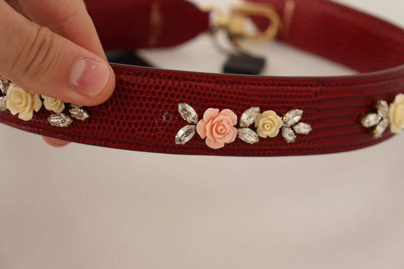 Red Floral Crystals Exotic Leather Bag Shoulder Strap