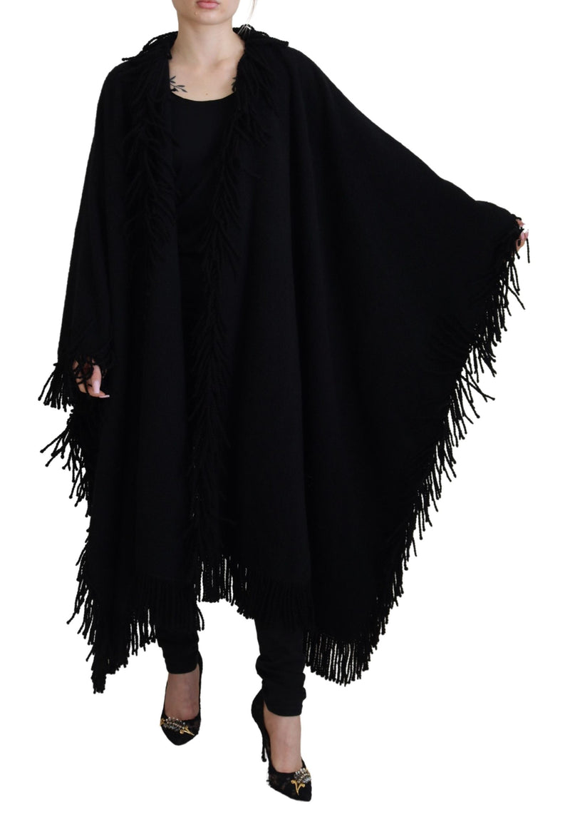 Black Long Sleeves Fringe Coat Alpaca Jacket