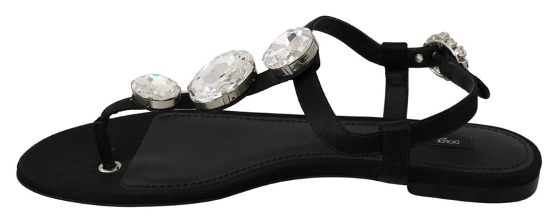 Black Silk Crystal Flats Sandals Shoes