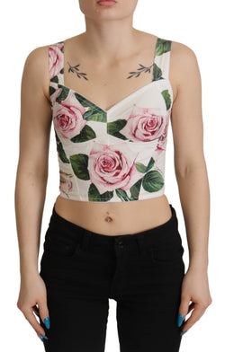 White Tropical Rose Print Corset Bustier Cropped Top