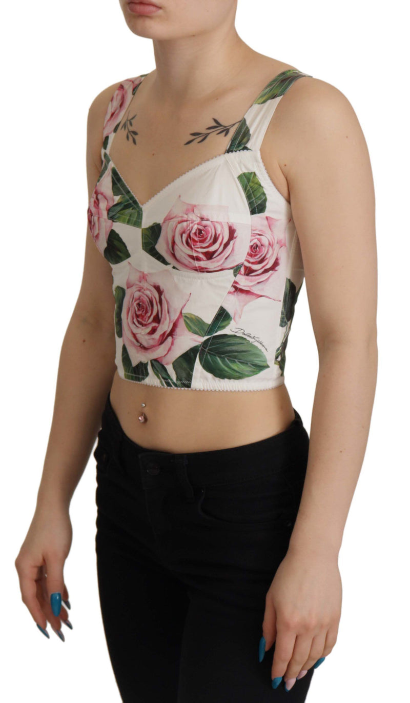 White Tropical Rose Print Corset Bustier Cropped Top