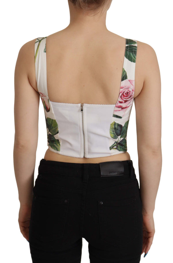 White Tropical Rose Print Corset Bustier Cropped Top