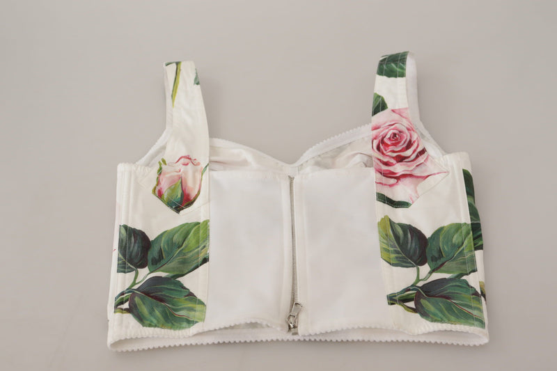 White Tropical Rose Print Corset Bustier Cropped Top