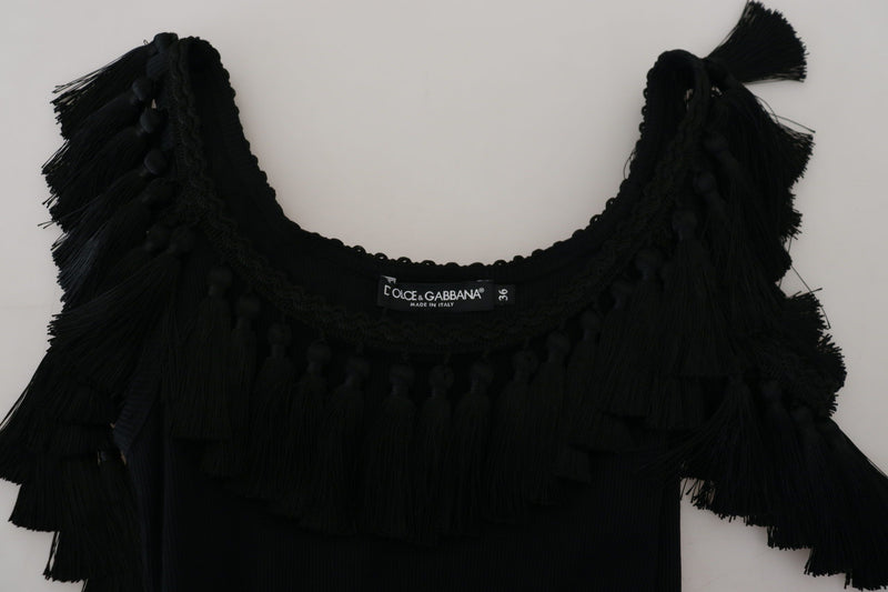 Black Tank Top Blouse Tassle Cotton Blouse