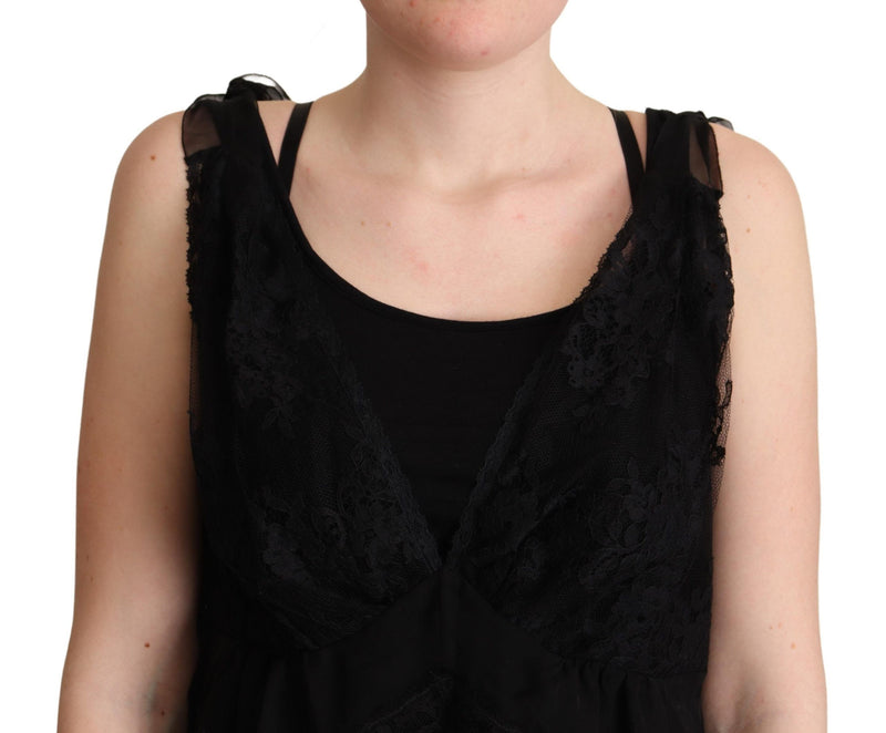 Black Silk Lace Trim Camisole Tank Top