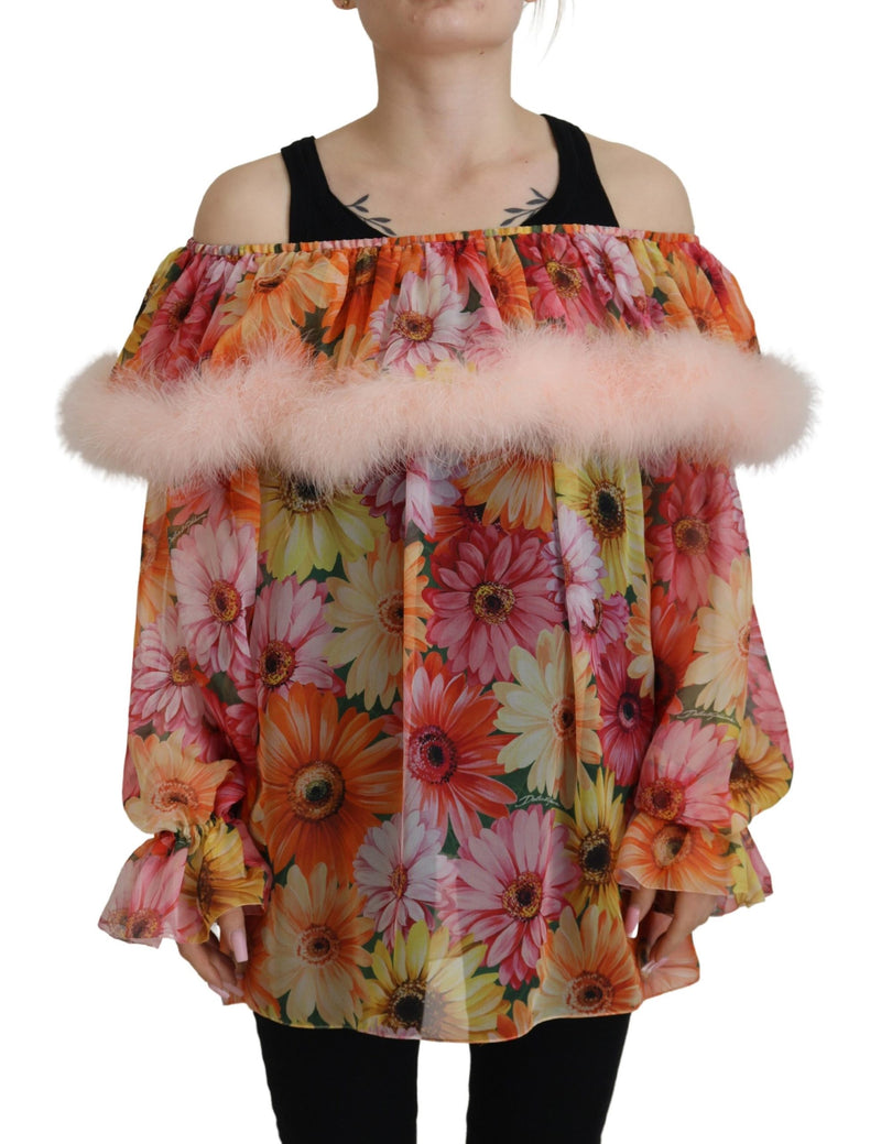 Multicolor Floral Fur Shearling Blouse Top