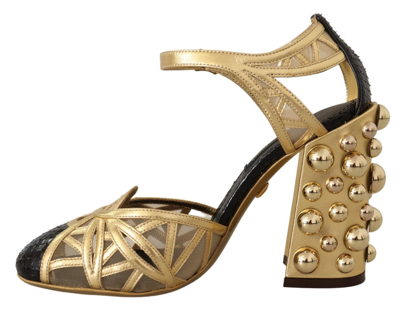 Black Gold Leather Studded Ankle Straps Shoes