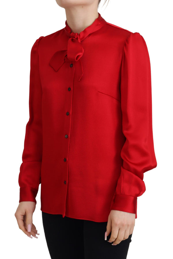 Red Ascot Collar Long Sleeves Blouse Top