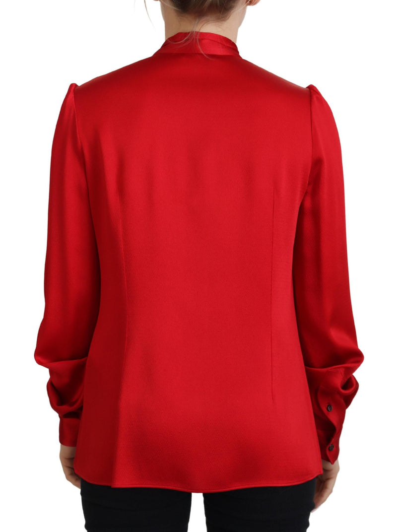 Red Ascot Collar Long Sleeves Blouse Top