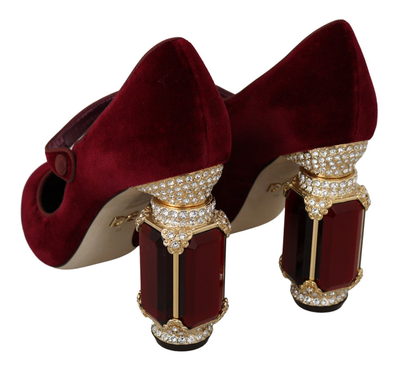 Red Velvet Gold Crystals Heels Mary Jane Shoes