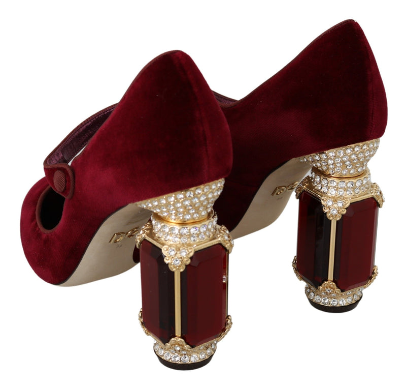 Red Velvet Gold Crystals Heels Mary Jane Shoes