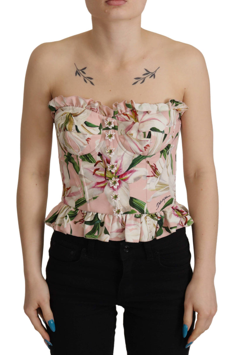 Pink Bustier Floral Appliques Blouse Top