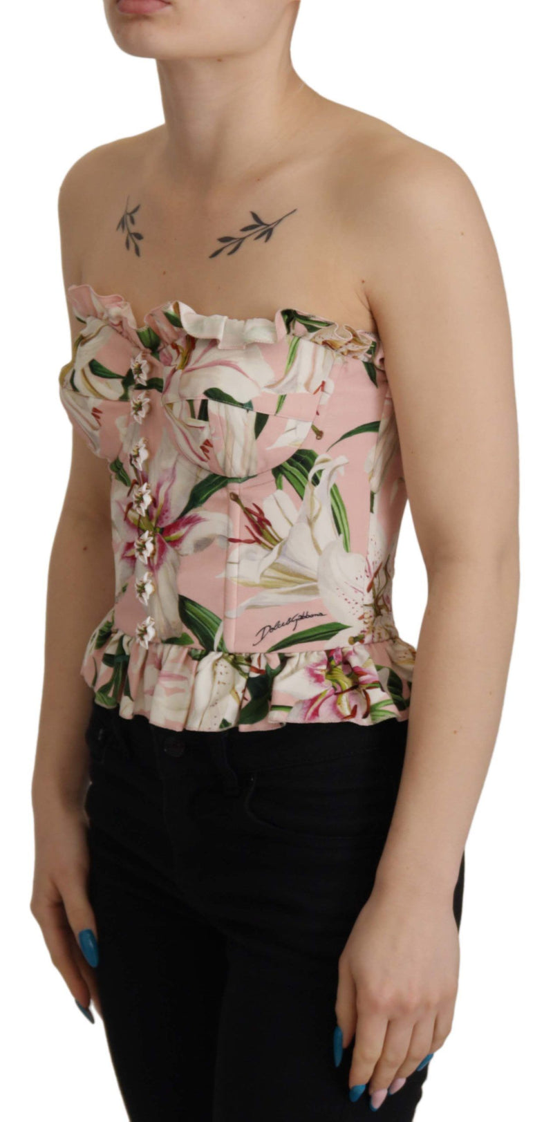 Pink Bustier Floral Appliques Blouse Top