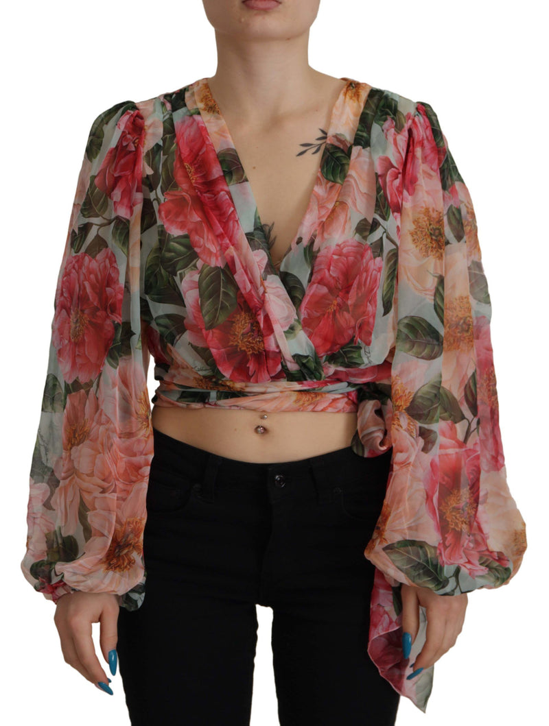 Multicolor Camelia Floral Print Silk Wrap BlouseI Top