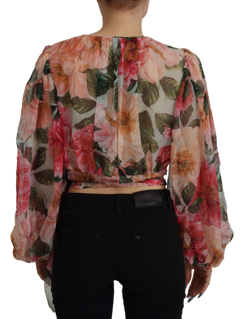 Multicolor Camelia Floral Print Silk Wrap BlouseI Top