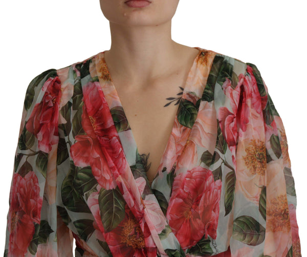 Multicolor Camelia Floral Print Silk Wrap BlouseI Top