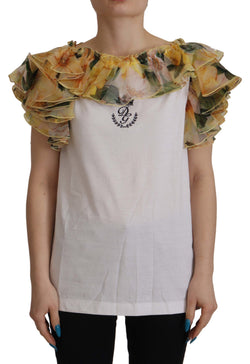 White Floral Ruffled Vest DG Crown Embroidered Top