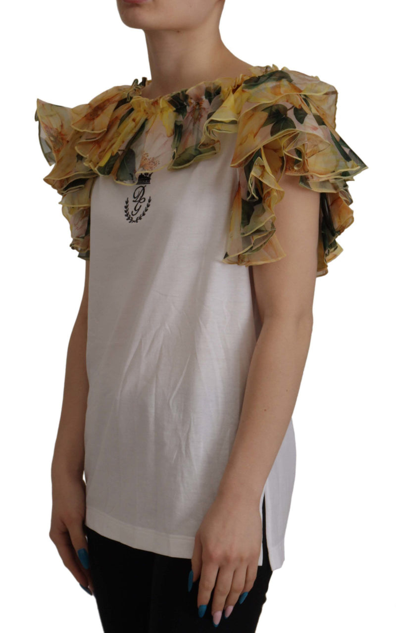 White Floral Ruffled Vest DG Crown Embroidered Top