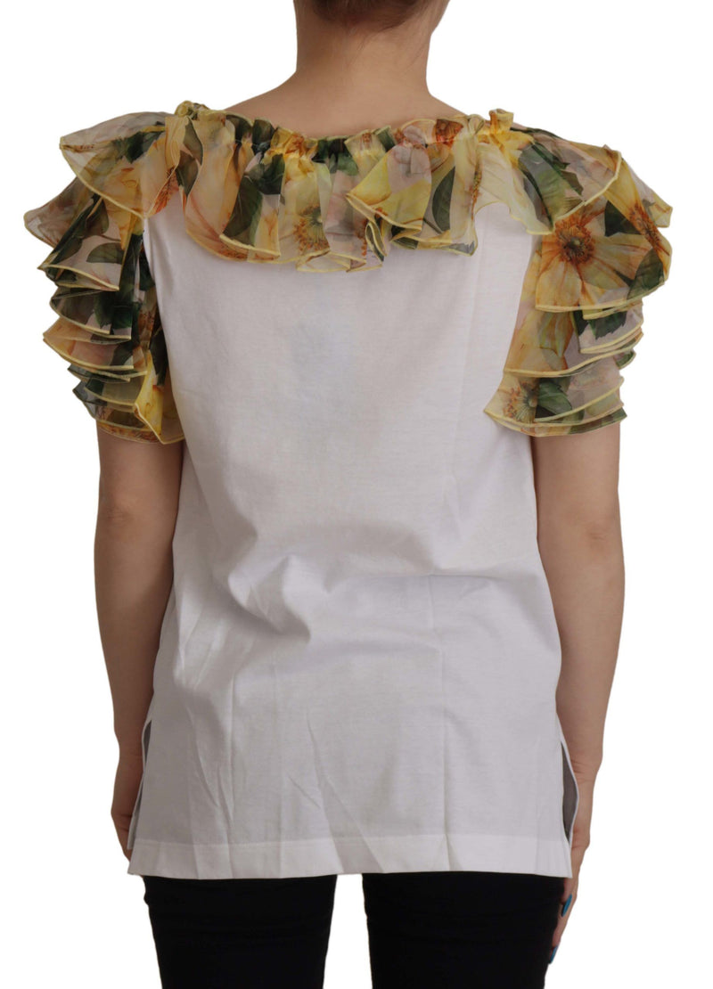 White Floral Ruffled Vest DG Crown Embroidered Top