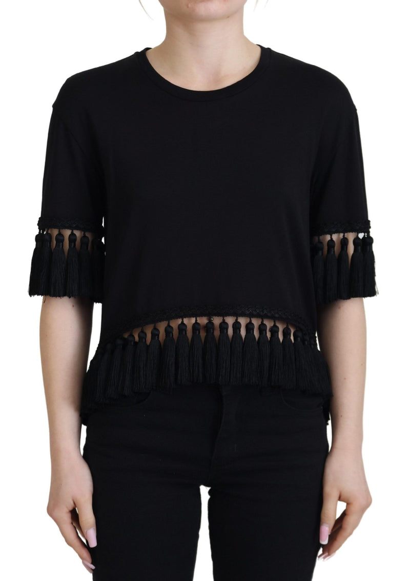 Black T-shirt Blouse Tassle Cotton Blouse