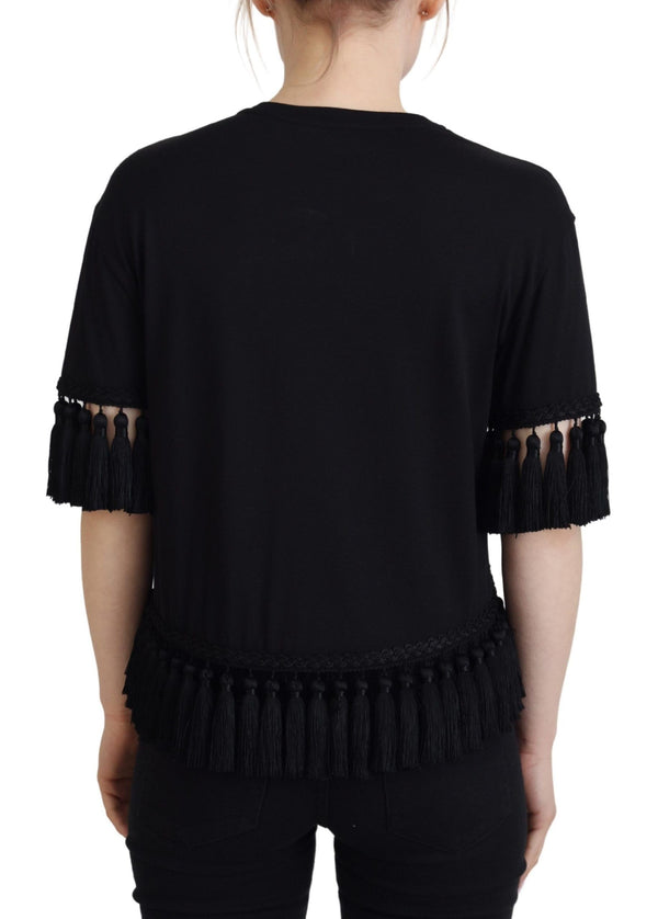 Black T-shirt Blouse Tassle Cotton Blouse