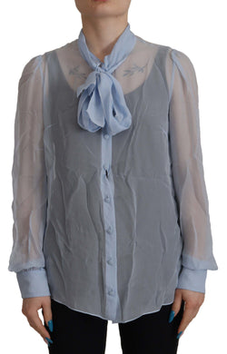 Light Blue Silk Ascot Collar Long Sleeves Top