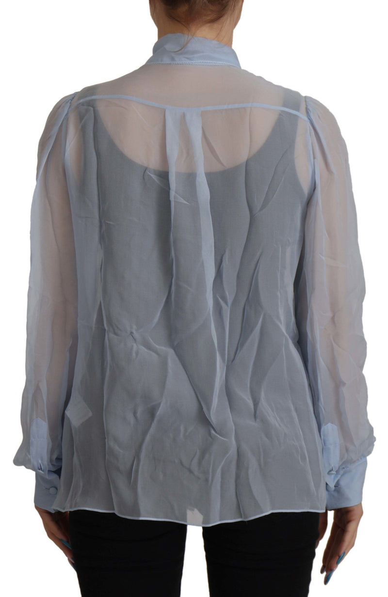 Light Blue Silk Ascot Collar Long Sleeves Top