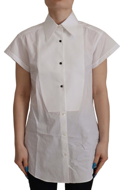 White Short Sleeve Tuxedo Formal Blouse Shirt